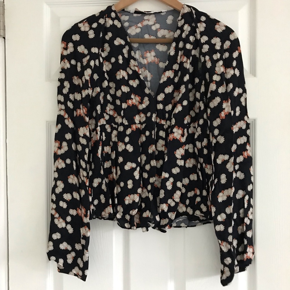 Blue Floral Blouse with Shoulder Slits